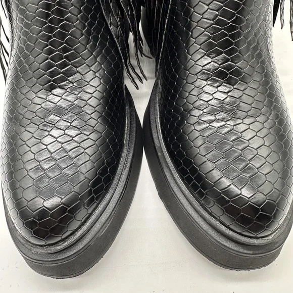 Womens Black Gothic Faux Snakeskin Moto Biker Fringe Chunky Platform Boots 11/42 - Picture 7 of 9